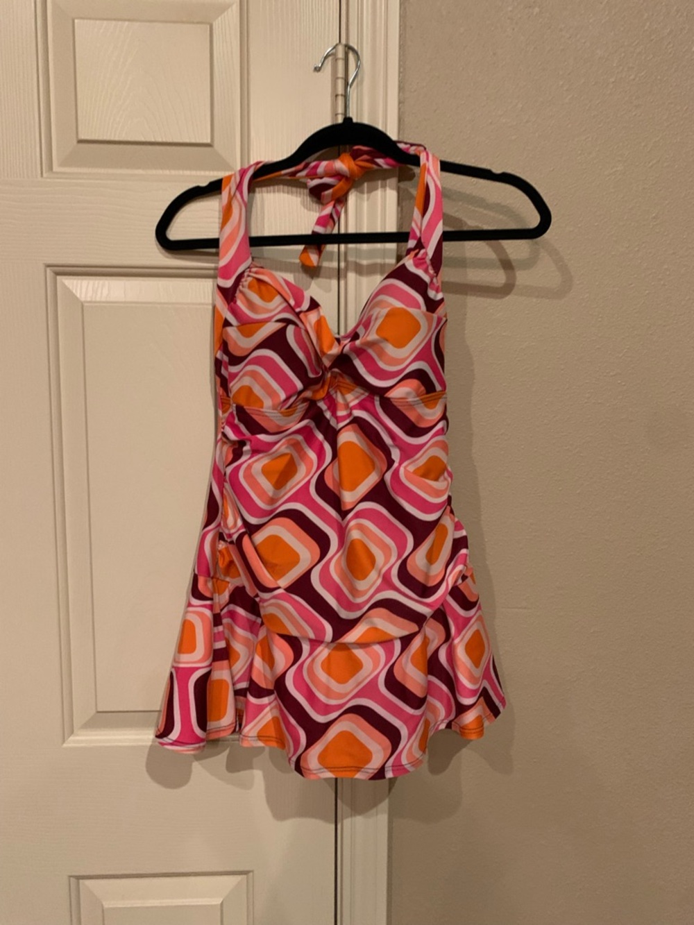Retro Pink Orange Geo Halter Swimdress